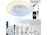 Sichler Haushaltsgeräte 2in1-WLAN-Deckenleuchte & Ventilator, App-Steuerung, CCT-LEDs, Ø 60 cm; Luftkühler, -befeuchter und -reiniger mit Ionisator 
