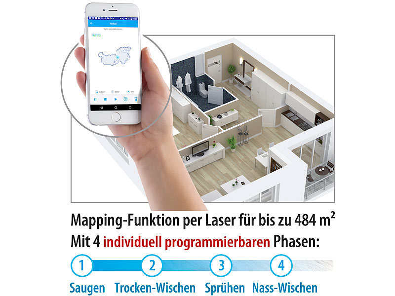 ; Vollautomatischer Bodenwischroboter, Akku-Zyklon-Hand- & Boden-Staubsauger mit Kehr- & WischfunktionStaubsaug- & Bodenwisch-Roboter mit 4-Phasen-Reinigung Vollautomatischer Bodenwischroboter, Akku-Zyklon-Hand- & Boden-Staubsauger mit Kehr- & WischfunktionStaubsaug- & Bodenwisch-Roboter mit 4-Phasen-Reinigung 