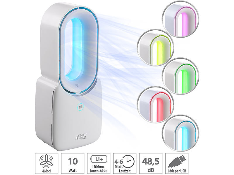 Sichler Haushaltsgeräte Rotorloser Tisch-Ventilator mit Akku & LED-Licht,  Versandrückläufer